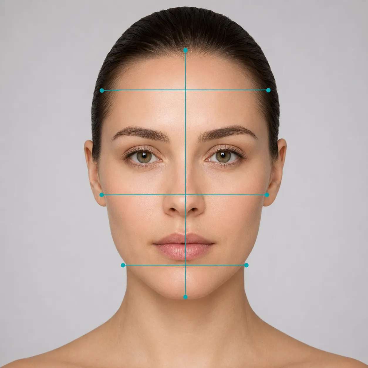 Face shape measurement lines showing forehead, cheekbone and jaw widths plus face length