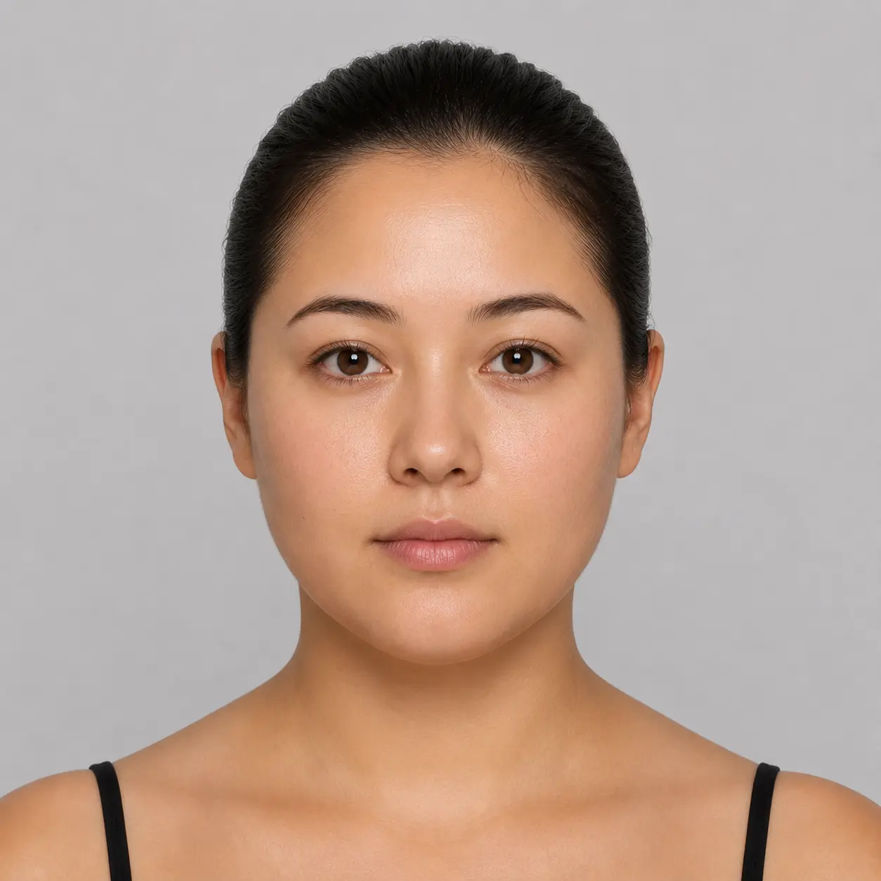 Round face shape example — Width ≈ length, Soft jaw curves